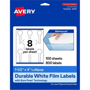 Avery Printable Durable White Lollipop Labels, Sure Feed Technology, 1.5″ x 4″, Print-to-the-Edge, Waterproof Labels, Laser & Pigment-Based Inkjet Compatible, 80 Total(800 labels)