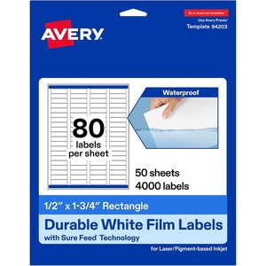 Avery Printable Durable White Rectangle Labels, Sure Feed Technology, 0.5″ x 1.75″, Waterproof Labels, Laser & Pigment-Based Inkjet Compatible, 800 Total(4 000 labels)