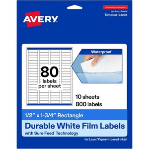 Avery Printable Durable White Rectangle Labels, Sure Feed Technology, 0.5″ x 1.75″, Waterproof Labels, Laser & Pigment-Based Inkjet Compatible, 800 Total(800 labels)