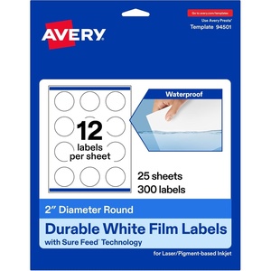 Avery Printable Durable White Round Labels, Sure Feed Technology, 2″ Diameter, Print-to-the-Edge, Waterproof Labels, Laser & Pigment-Based Inkjet Compatible, 300 Total(300 labels)