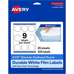 Avery Printable Durable White Round Scalloped Labels, Sure Feed Technology, 2.5″ Diameter, Print-to-the-Edge, Waterproof Labels, Laser & Pigment-Based Inkjet Compatible, 450 Total(225 labels)