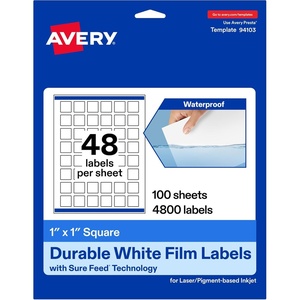 Avery Printable Durable White Square Labels, Sure Feed Technology, 1″ x 1″, Print-to-the-Edge, Waterproof Labels, Laser & Pigment-Based Inkjet Compatible, 480 Total(4 800 labels)