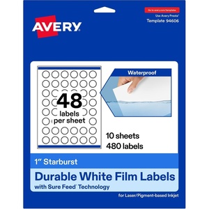 Avery Printable Durable White Starburst Labels, Sure Feed Technology, 1″, Print-to-the-Edge, Waterproof Labels, Laser & Pigment-Based Inkjet Compatible, 480 Total(480 labels)