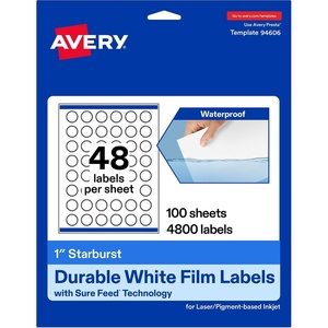 Avery Printable Durable White Starburst Labels, Sure Feed Technology, 1″, Print-to-the-Edge, Waterproof Labels, Laser & Pigment-Based Inkjet Compatible, 480 Total(4 800 labels)