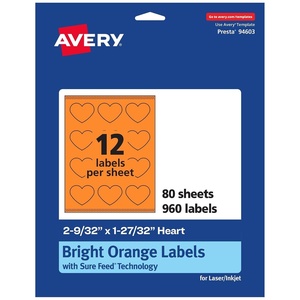 Avery Printable Heart Labels, Sure Feed Technology, 2-9/32″ x 1-27/32″, Bright Orange Labels, Print-to-The-Edge, Laser/Inkjet Printable, 120 Total, Great for Mailing Seals and Packaging(960 labels)