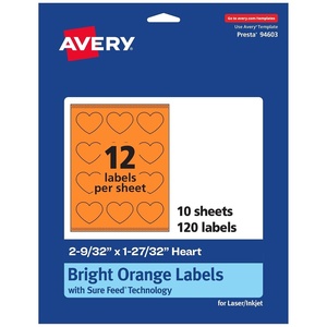 Avery Printable Heart Labels, Sure Feed Technology, 2-9/32″ x 1-27/32″, Bright Orange Labels, Print-to-The-Edge, Laser/Inkjet Printable, 120 Total, Great for Mailing Seals and Packaging(120 labels)
