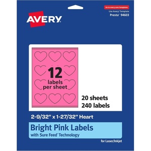 Avery Printable Heart Labels, Sure Feed Technology, 2-9/32″ x 1-27/32″, Bright Pink Labels, Print-to-The-Edge, Laser/Inkjet Printable, 120 Total, Great for Mailing Seals and Packaging(240 labels)