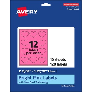 Avery Printable Heart Labels, Sure Feed Technology, 2-9/32″ x 1-27/32″, Bright Pink Labels, Print-to-The-Edge, Laser/Inkjet Printable, 120 Total, Great for Mailing Seals and Packaging(120 labels)