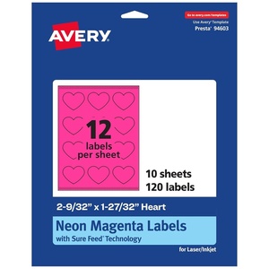 Avery Printable Heart Labels, Sure Feed Technology, 2-9/32″ x 1-27/32″, Neon Magenta Labels, Print-to-The-Edge, Laser/Inkjet Printable, 120 Total, Great for Mailing Seals and Packaging(120 labels)