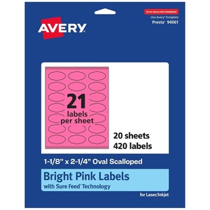 Avery Printable Oval Scalloped Labels, Sure Feed Technology, 1-1/8″ x 2-1/4″, Bright Pink Labels, Print-to-The-Edge, Laser/Inkjet Printable, 210 Total, Great for Candles and Jars(420 labels)