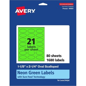 Avery Printable Oval Scalloped Labels, Sure Feed Technology, 1-1/8″ x 2-1/4″, Neon Green Labels, Print-to-The-Edge, Laser/Inkjet Printable, 210 Total, Great for Candles and Jars(1 680 labels)