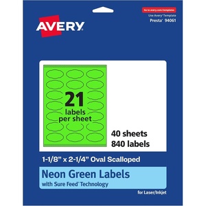 Avery Printable Oval Scalloped Labels, Sure Feed Technology, 1-1/8″ x 2-1/4″, Neon Green Labels, Print-to-The-Edge, Laser/Inkjet Printable, 210 Total, Great for Candles and Jars(840 labels)