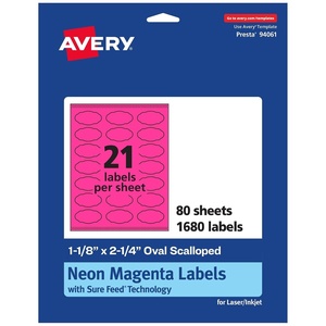 Avery Printable Oval Scalloped Labels, Sure Feed Technology, 1-1/8″ x 2-1/4″, Neon Magenta Labels, Print-to-The-Edge, Laser/Inkjet Printable, 420 Total, Great for Candles and Jars(1 680 labels)