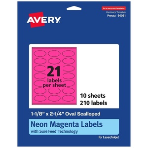 Avery Printable Oval Scalloped Labels, Sure Feed Technology, 1-1/8″ x 2-1/4″, Neon Magenta Labels, Print-to-The-Edge, Laser/Inkjet Printable, 420 Total, Great for Candles and Jars(210 labels)