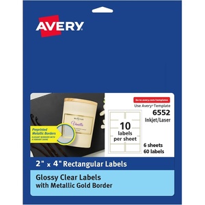 Avery Printable Rectangle Labels, 2″ x 4″ Blank Labels, Shipping, Matte White, Metallic Gold Border, Permanent Adhesive, Laser/Inkjet Printable, 100 Total (6506)(Glossy Clear Gold Borders)