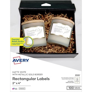 Avery Printable Rectangle Labels, 2″ x 4″ Blank Labels, Shipping, Matte White, Metallic Gold Border, Permanent Adhesive, Laser/Inkjet Printable, 100 Total (6506)(Matte White Gold Borders)