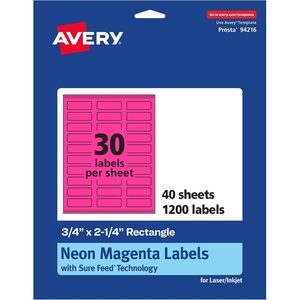 Avery Printable Rectangle Labels, Sure Feed Technology, 3/4″ x 2-1/4″, Neon Magenta Labels, Print-to-The-Edge, Laser/Inkjet Printable, 1,200 Total, Great for Mailing(1 200 labels)