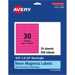 Avery Printable Rectangle Labels, Sure Feed Technology, 3/4″ x 2-1/4″, Neon Magenta Labels, Print-to-The-Edge, Laser/Inkjet Printable, 1,200 Total, Great for Mailing(300 labels)