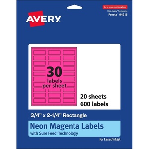 Avery Printable Rectangle Labels, Sure Feed Technology, 3/4″ x 2-1/4″, Neon Magenta Labels, Print-to-The-Edge, Laser/Inkjet Printable, 1,200 Total, Great for Mailing(600 labels)