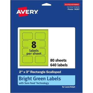 Avery Printable Rectangle Scalloped Labels, Sure Feed Technology, 2″ x 3″, Bright Green Labels, Print-to-The-Edge, Laser/Inkjet Printable, 80 Total, Great for Mailing and Candles(640 labels)