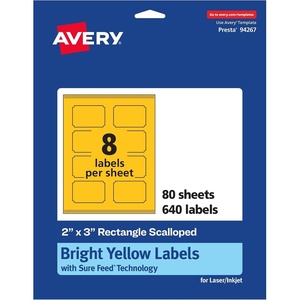 Avery Printable Rectangle Scalloped Labels, Sure Feed Technology, 2″ x 3″, Bright Yellow Labels, Print-to-The-Edge, Laser/Inkjet Printable, 80 Total, Great for Mailing and Candles(640 labels)