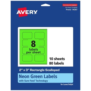 Avery Printable Rectangle Scalloped Labels, Sure Feed Technology, 2″ x 3″, Neon Green Labels, Print-to-The-Edge, Laser/Inkjet Printable, 80 Total, Great for Mailing and Candles(80 labels)