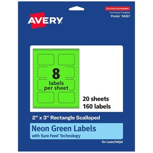 Avery Printable Rectangle Scalloped Labels, Sure Feed Technology, 2″ x 3″, Neon Green Labels, Print-to-The-Edge, Laser/Inkjet Printable, 80 Total, Great for Mailing and Candles(160 labels)