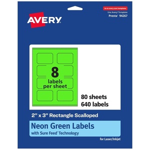 Avery Printable Rectangle Scalloped Labels, Sure Feed Technology, 2″ x 3″, Neon Green Labels, Print-to-The-Edge, Laser/Inkjet Printable, 80 Total, Great for Mailing and Candles(640 labels)