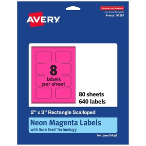 Avery Printable Rectangle Scalloped Labels, Sure Feed Technology, 2″ x 3″, Neon Magenta Labels, Print-to-The-Edge, Laser/Inkjet Printable, 80 Total, Great for Mailing and Candles(640 labels)