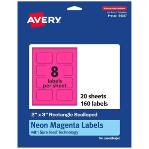 Avery Printable Rectangle Scalloped Labels, Sure Feed Technology, 2″ x 3″, Neon Magenta Labels, Print-to-The-Edge, Laser/Inkjet Printable, 80 Total, Great for Mailing and Candles(160 labels)