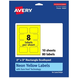 Avery Printable Rectangle Scalloped Labels, Sure Feed Technology, 2″ x 3″, Neon Yellow Labels, Print-to-The-Edge, Laser/Inkjet Printable, 80 Total, Great for Mailing and Candles(80 labels)