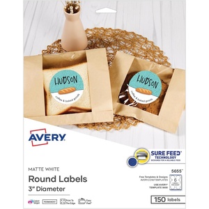 Avery Printable Round Labels, Sure Feed Technology, 3″ Diameter, Matte White, Permanent Adhesive, Laser/Inkjet Printable, 150 Blank Labels, Great for Product Merchandising, Favors, and More (5655)