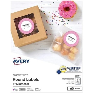 Avery Printable Round Labels, Sure Feed Technology, Glossy White Labels, 2″ Diameter, Permanent Adhesive, Laser/Inkjet, 120 Total (22807)(Glossy White)
