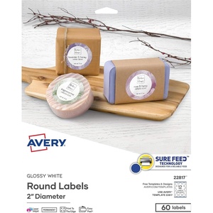 Avery Printable Round Labels with Sure Feed Technology, 2″ Diameter, Glossy White, Laser & Inkjet Compatible, 60 Blank Labels Total, Great for Mailing, Branding, and More (22817)(60 Count (Pack of 5))