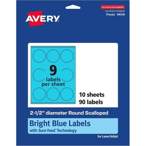 Avery Printable Round Scalloped Labels, Sure Feed Technology, 2-1/2″ Diameter, Bright Blue Labels, Print-to-The-Edge, Laser/Inkjet Printable, 90 Total, Great for Mailing Seals and Candles(90 labels)