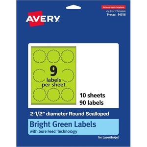 Avery Printable Round Scalloped Labels, Sure Feed Technology, 2-1/2″ Diameter, Bright Green Labels, Print-to-The-Edge, Laser/Inkjet Printable, 90 Total, Great for Mailing Seals and Candles(90 labels)