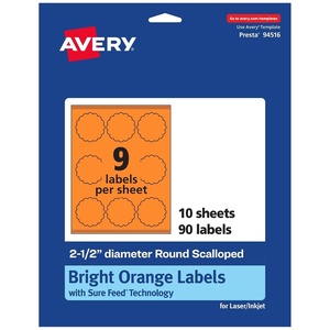 Avery Printable Round Scalloped Labels, Sure Feed Technology, 2-1/2″ Diameter, Bright Orange Labels, Print-to-The-Edge, Laser/Inkjet Printable, 90 Total, Great for Mailing Seals and Candles(90 labels)