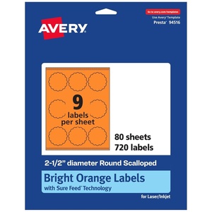 Avery Printable Round Scalloped Labels, Sure Feed Technology, 2-1/2″ Diameter, Bright Orange Labels, Print-to-The-Edge, Laser/Inkjet Printable, 90 Total, Great for Mailing Seals and Candles(720 labels)