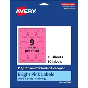 Avery Printable Round Scalloped Labels, Sure Feed Technology, 2-1/2″ Diameter, Bright Pink Labels, Print-to-The-Edge, Laser/Inkjet Printable, 90 Total, Great for Mailing Seals and Candles(90 labels)