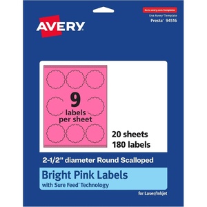 Avery Printable Round Scalloped Labels, Sure Feed Technology, 2-1/2″ Diameter, Bright Pink Labels, Print-to-The-Edge, Laser/Inkjet Printable, 90 Total, Great for Mailing Seals and Candles(180 labels)