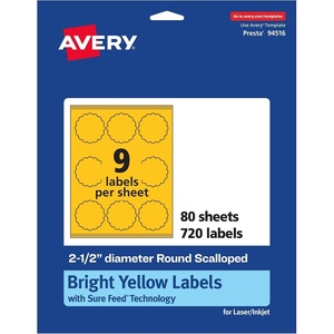 Avery Printable Round Scalloped Labels, Sure Feed Technology, 2-1/2″ Diameter, Bright Yellow Labels, Print-to-The-Edge, Laser/Inkjet Printable, 90 Total, Great for Mailing Seals and Candles(720 labels)