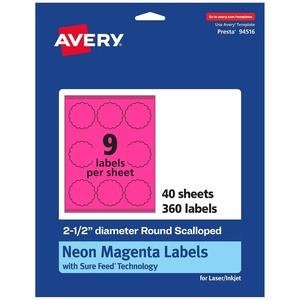 Avery Printable Round Scalloped Labels, Sure Feed Technology, 2-1/2″ Diameter, Neon Magenta Labels, Print-to-The-Edge, Laser/Inkjet Printable, 180 Total, Great for Mailing Seals and Candles(360 labels)