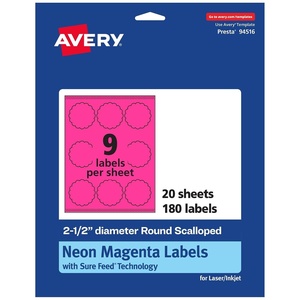 Avery Printable Round Scalloped Labels, Sure Feed Technology, 2-1/2″ Diameter, Neon Magenta Labels, Print-to-The-Edge, Laser/Inkjet Printable, 180 Total, Great for Mailing Seals and Candles(180 labels)