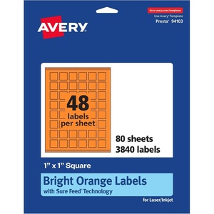Avery Printable Square Labels, Sure Feed Technology, 1″ x 1″, Bright Orange Labels, Print-to-The-Edge, Laser/Inkjet Printable, 3,840 Total, Great for Soaps and QR Codes(3 840 labels)
