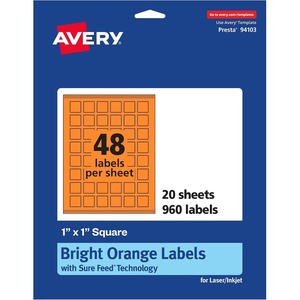 Avery Printable Square Labels, Sure Feed Technology, 1″ x 1″, Bright Orange Labels, Print-to-The-Edge, Laser/Inkjet Printable, 3,840 Total, Great for Soaps and QR Codes(960 labels)