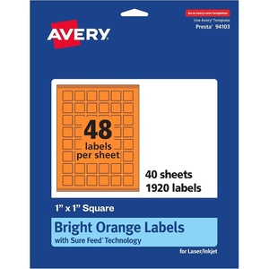 Avery Printable Square Labels, Sure Feed Technology, 1″ x 1″, Bright Orange Labels, Print-to-The-Edge, Laser/Inkjet Printable, 3,840 Total, Great for Soaps and QR Codes(1 920 labels)