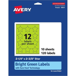 Avery Printable Star Labels, Sure Feed Technology, 2-1/4″ x 2-3/8″, Bright Green Labels, Print-to-The-Edge, Laser/Inkjet, 120 Total, Great for Reward Stickers and Mailing Seals(120 labels)