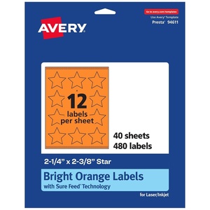Avery Printable Star Labels, Sure Feed Technology, 2-1/4″ x 2-3/8″, Bright Orange Labels, Print-to-The-Edge, Laser/Inkjet, 120 Total, Great for Reward Stickers and Mailing Seals(480 labels)