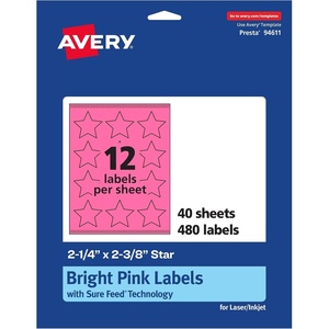 Avery Printable Star Labels, Sure Feed Technology, 2-1/4″ x 2-3/8″, Bright Pink Labels, Print-to-The-Edge, Laser/Inkjet, 240 Total, Great for Reward Stickers and Mailing Seals(480 labels)