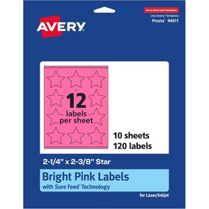 Avery Printable Star Labels, Sure Feed Technology, 2-1/4″ x 2-3/8″, Bright Pink Labels, Print-to-The-Edge, Laser/Inkjet, 240 Total, Great for Reward Stickers and Mailing Seals(120 labels)